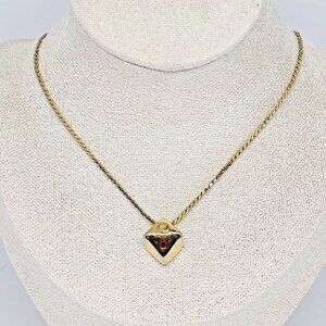 Vintage Pierre Cardin Logo Pendant Necklace Gold Tone Red Crystal 16”